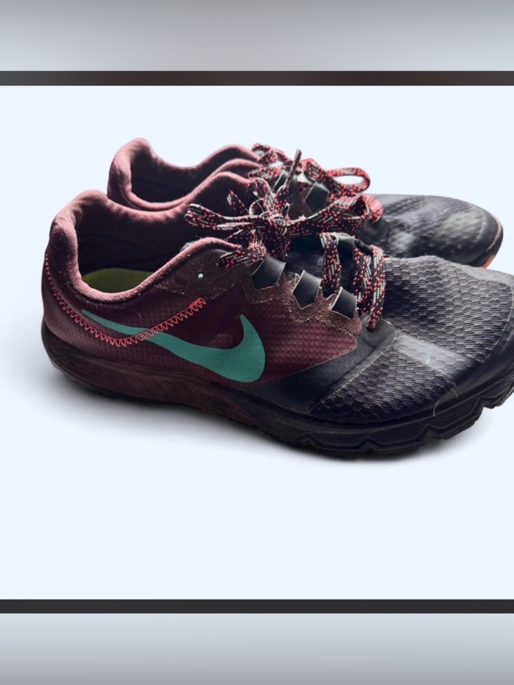 Nike Women's Black and Burgundy Athletic Sneakers with Teal Swoosh